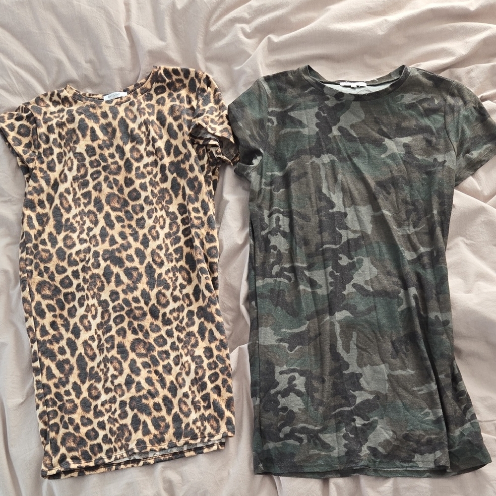 Antistar Leopard and Camouflage Print T-Shirt Dresses